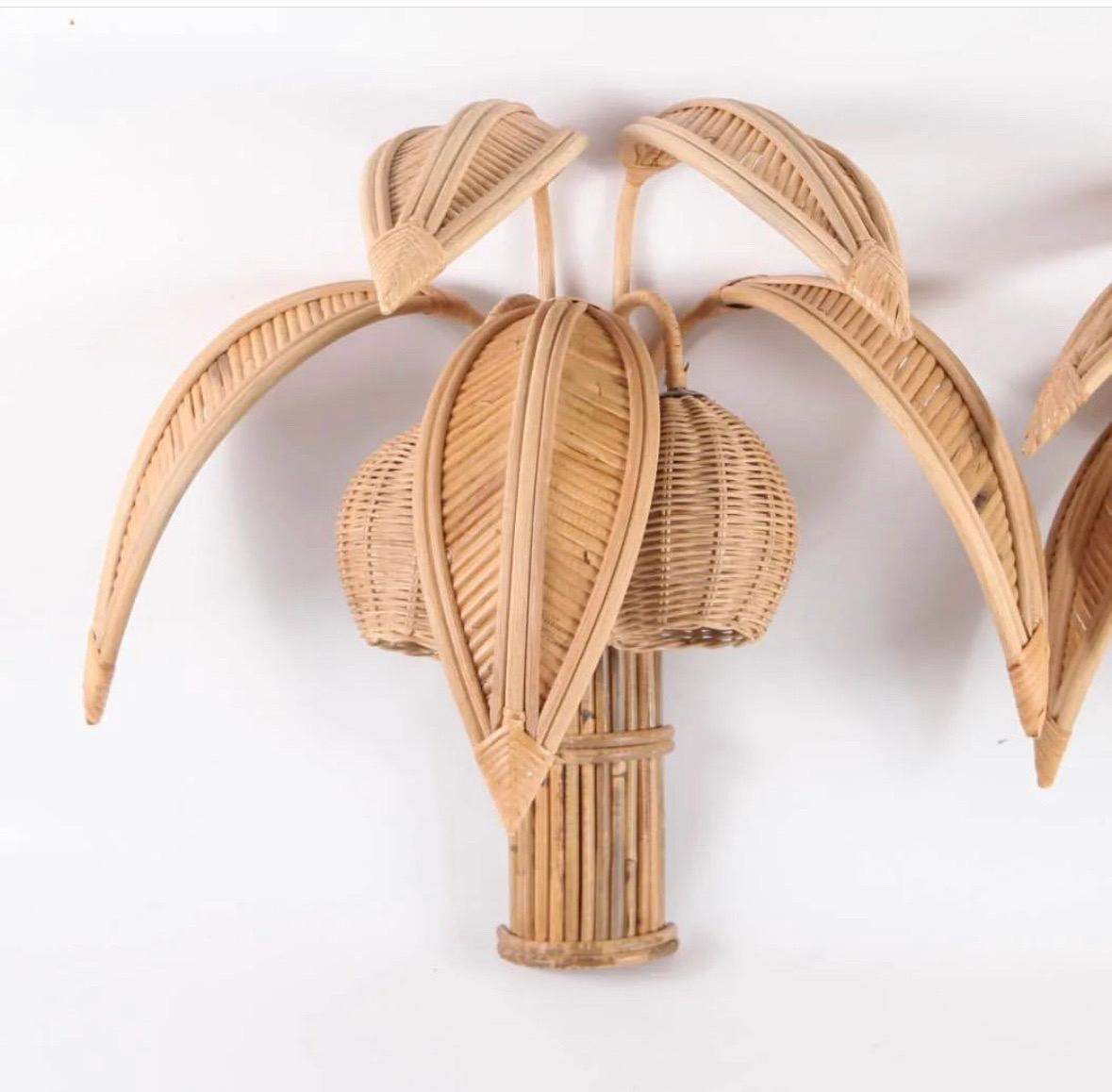 Pair of rattan « coconut tree/ palm tree » sconces For Sale 1