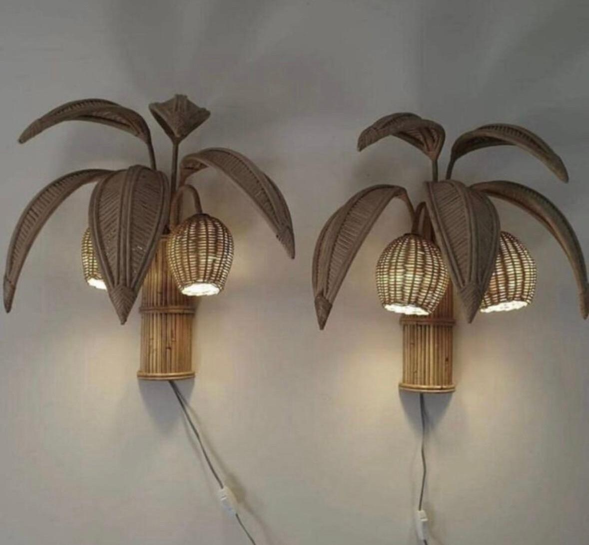 Pair of rattan « coconut tree/ palm tree » sconces 8