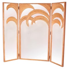 3 Panels Rattan and Mirrored Palm Tree Shaped Folding Screen
