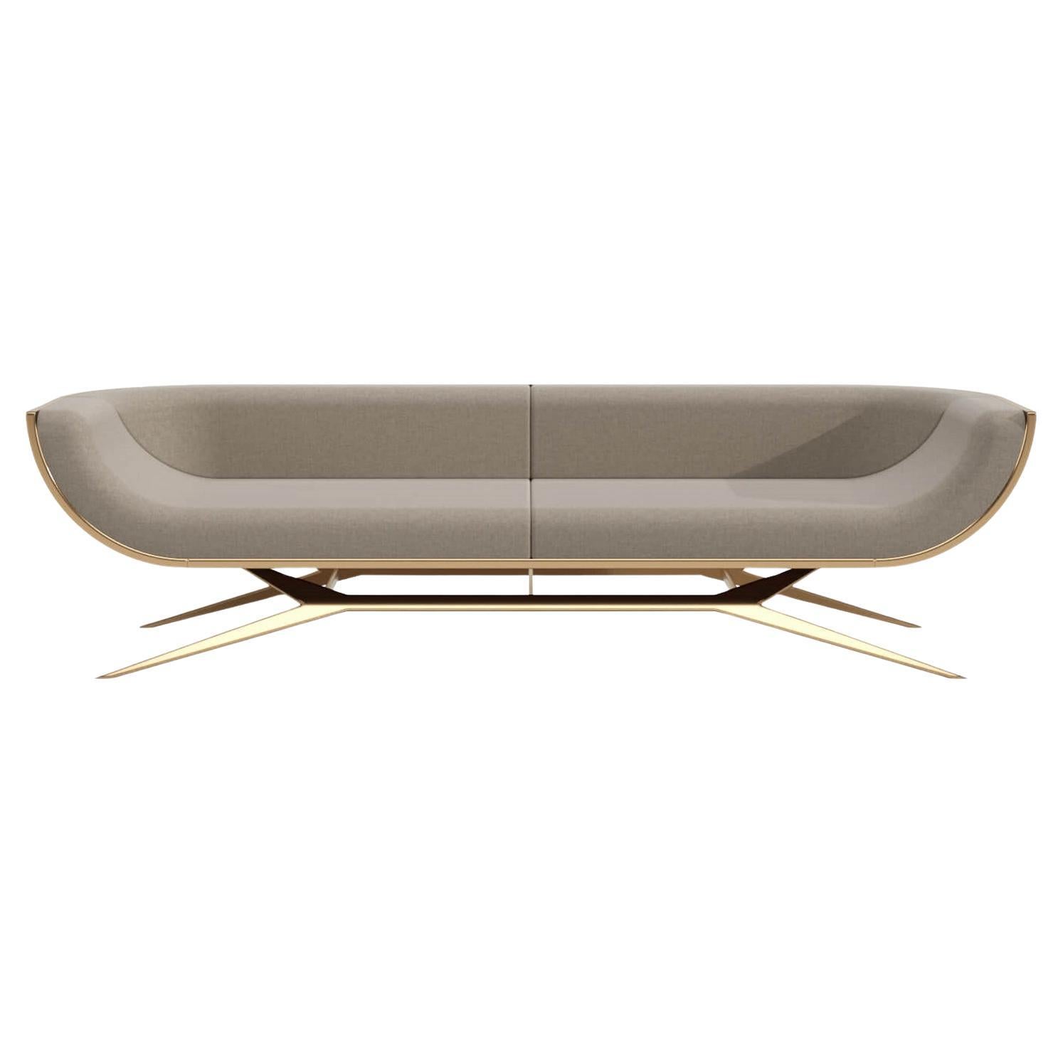 Modern Three Seat Sofa Wooden Curved Back Ironwood Polished Brass Gold Finish