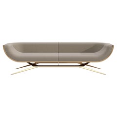 Modern Three Seat Sofa Wooden Curved Back Ironwood Polished Brass Gold Finish