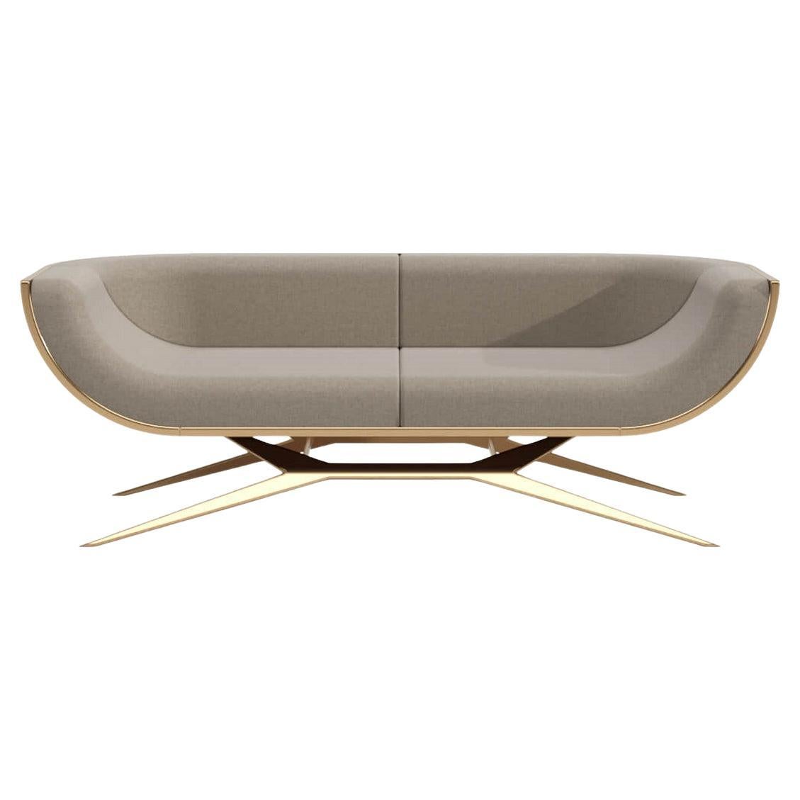 Modern Two Seat Sofa Wooden Curved Back Ironwood Polished Brass Gold Finish