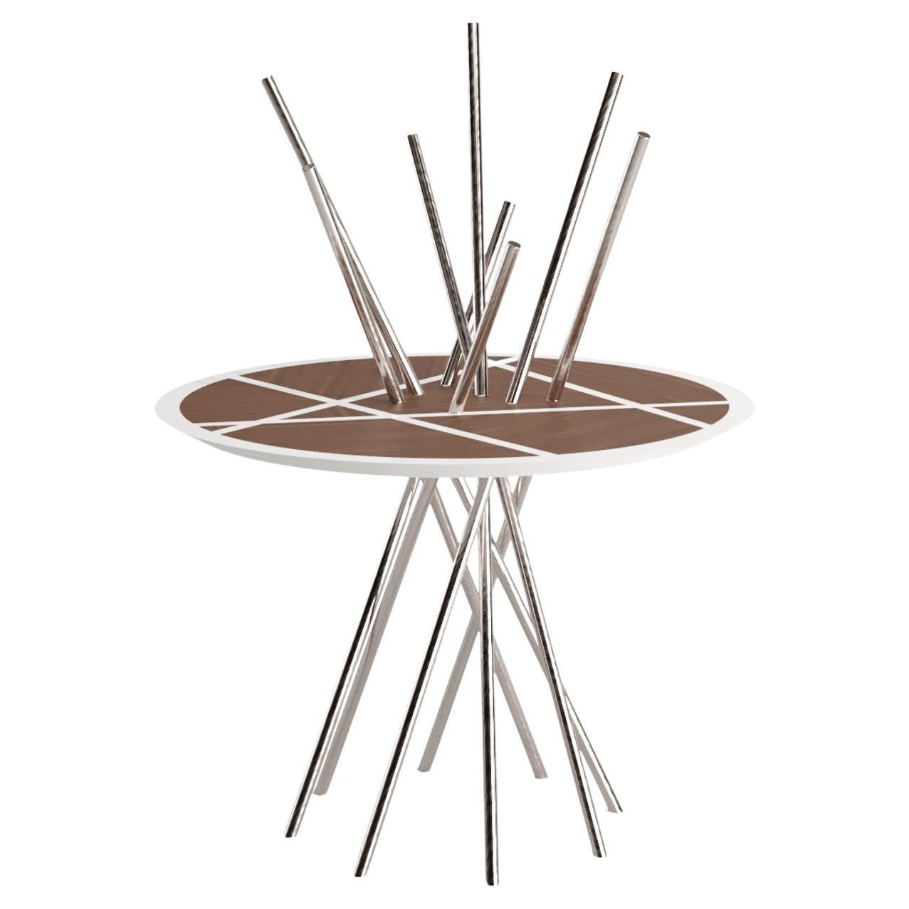 21st Century Modern Entryway Round Pedestal Table in Walnut and Stainless Steel