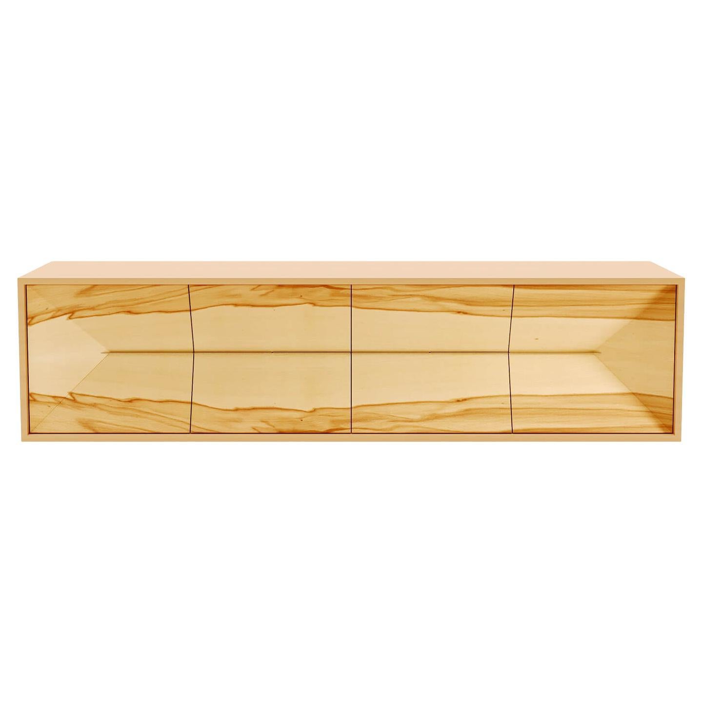 Modernes Minimalistisches Hänge-Credenza Sideboard Satinholz Gebürsteter Edelstahl
