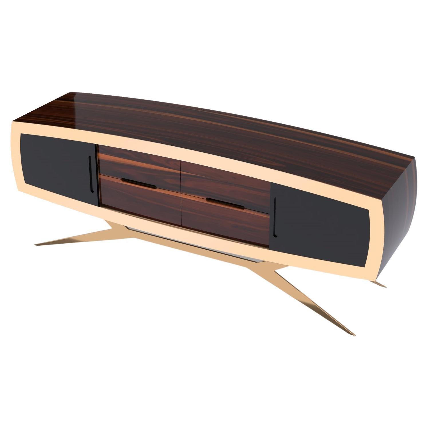 Modern Curved Credenza Sideboard Ironwood Black Lacquer Brushed Brass For Sale