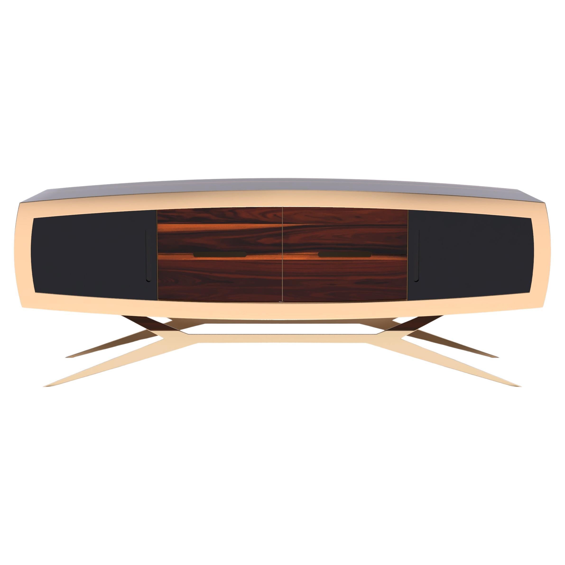The Moderns Credenza Sideboard Curved Ironwood Laque noire et laiton brossé en vente