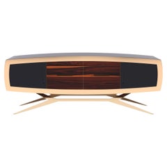 Modern Curved Credenza Sideboard Ironwood Black Lacquer and Brushed Brass