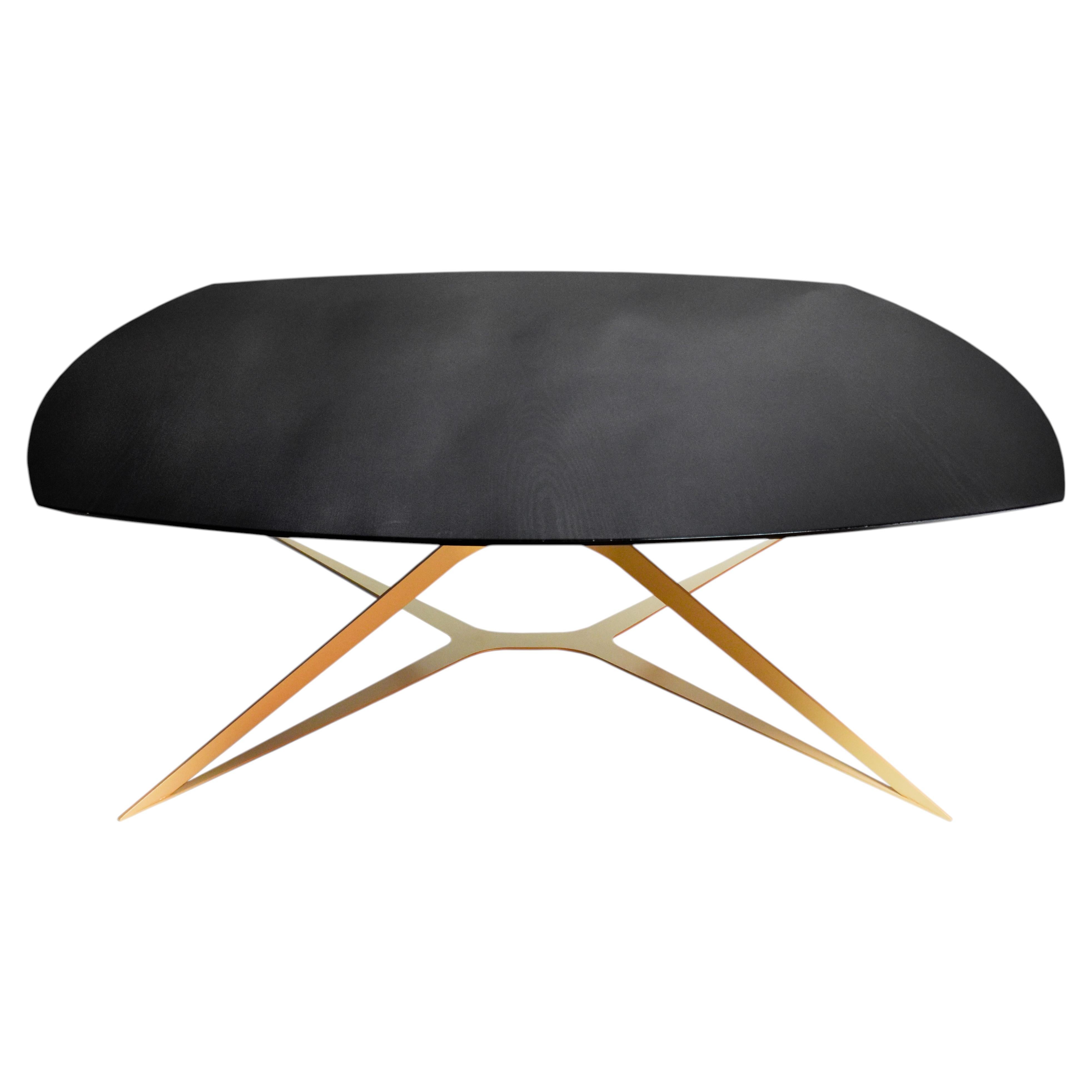 Modern Square Coffee Table High-Gloss Black Oak & Gold-Lacquered Steel In Stock For Sale