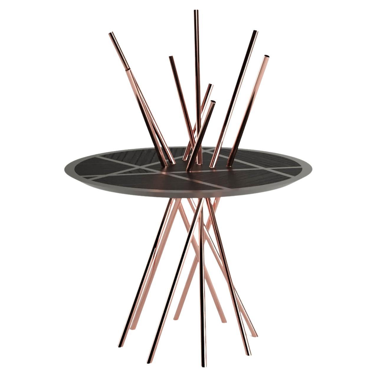 21st Century Modern Entryway Round Pedestal Table Black Oak & Brushed Copper