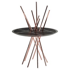 Round Entryway Pedestal Table in Black Oak Wood, Black Lacquer & Brushed Copper
