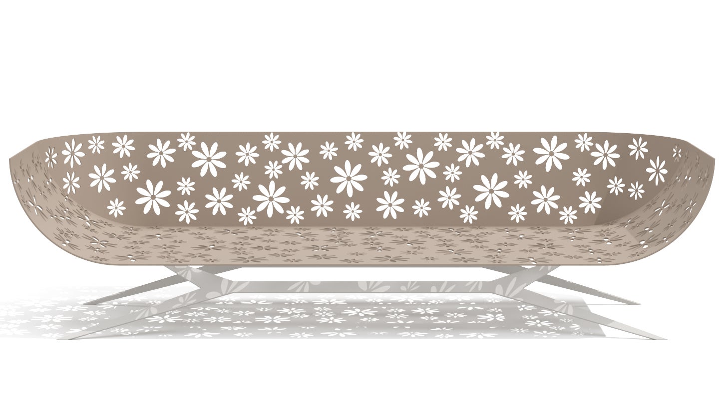 Modern Camel & White Outdoor Three-Seater Sofa Curved Back with Floral Design