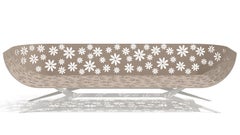 Modern Camel & White Outdoor Three-Seater Sofa Curved Back with Floral Design