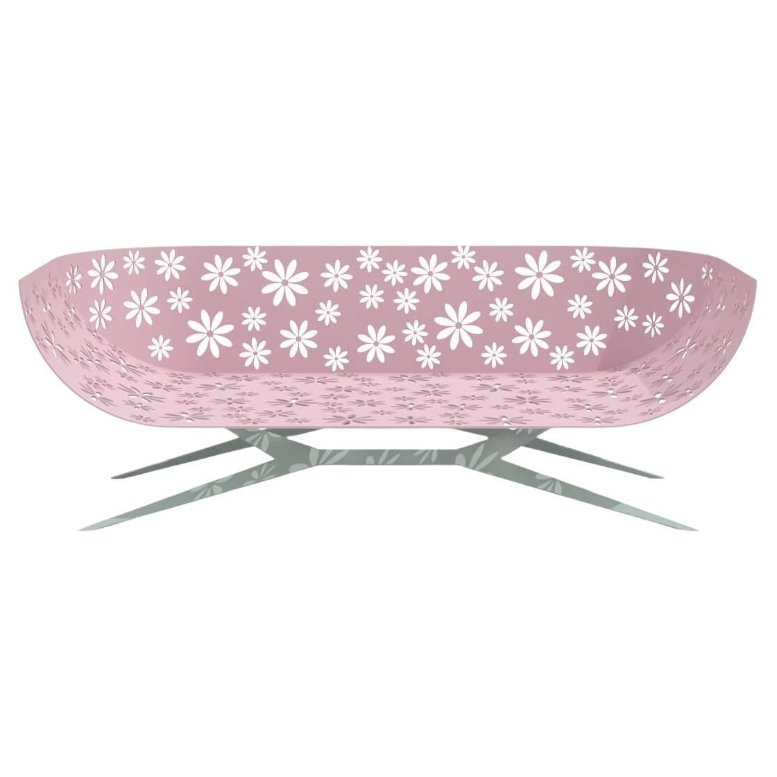 Modern Pink and Green Outdoor Two-Seater Sofa Curved Back with Floral Design