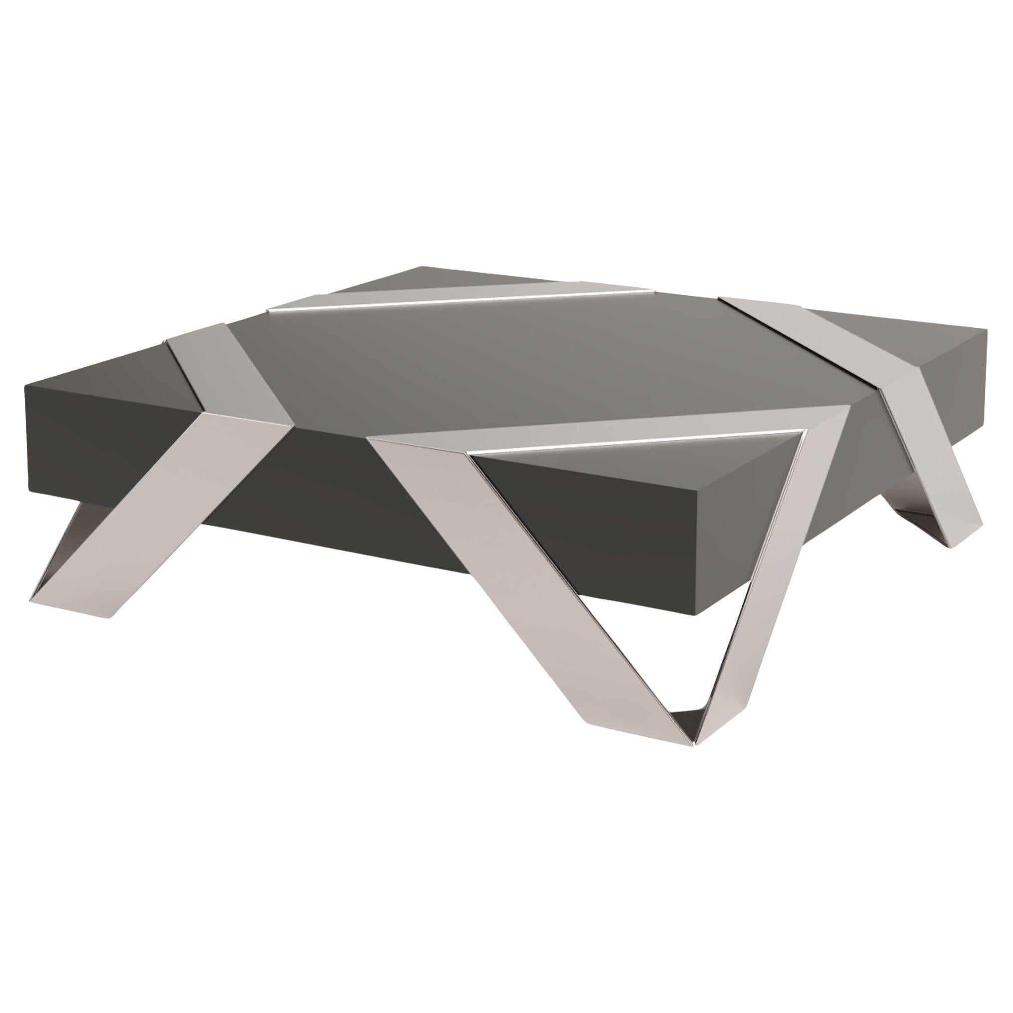 Modern Minimalist Square Coffee Table Black Lacquer Brushed Stainless Steel For Sale