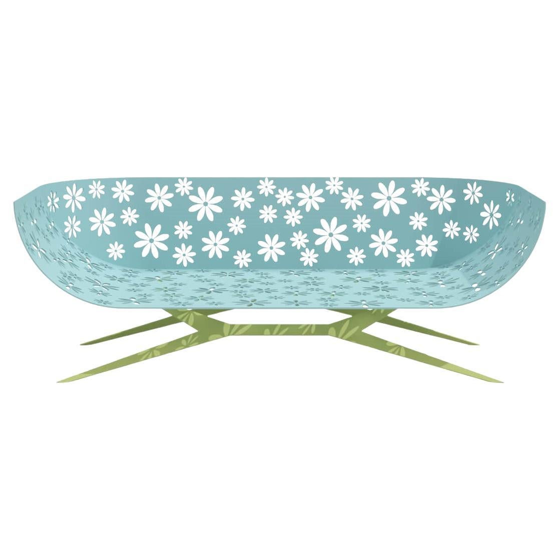 Modern Blue and Green Outdoor Two-Seater Sofa Curved Back with Floral Design