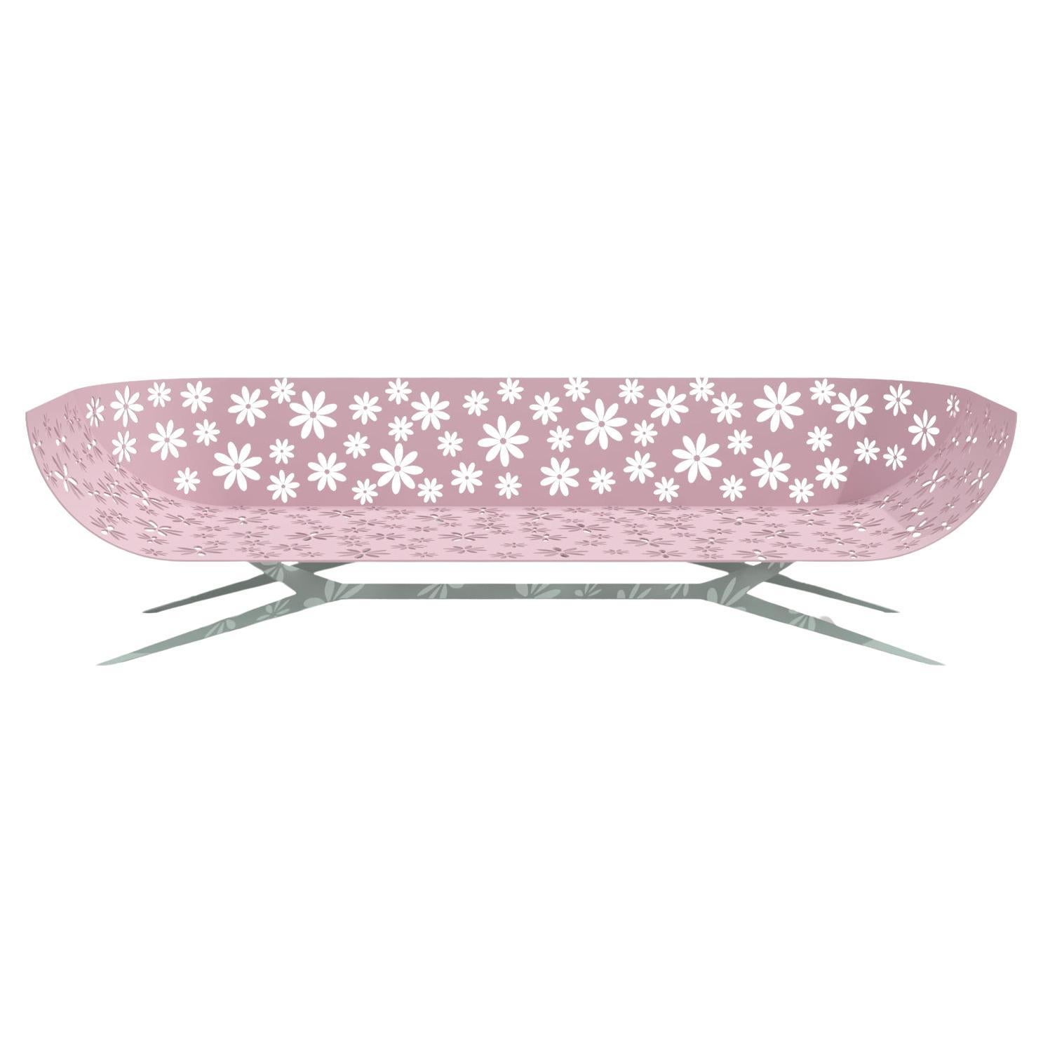 Modern Pink and Green Outdoor Three-Seater Sofa Curved Back with Floral Design