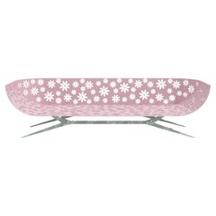 Modern Pink and Green Outdoor Three-Seater Sofa Curved Back with Floral Design