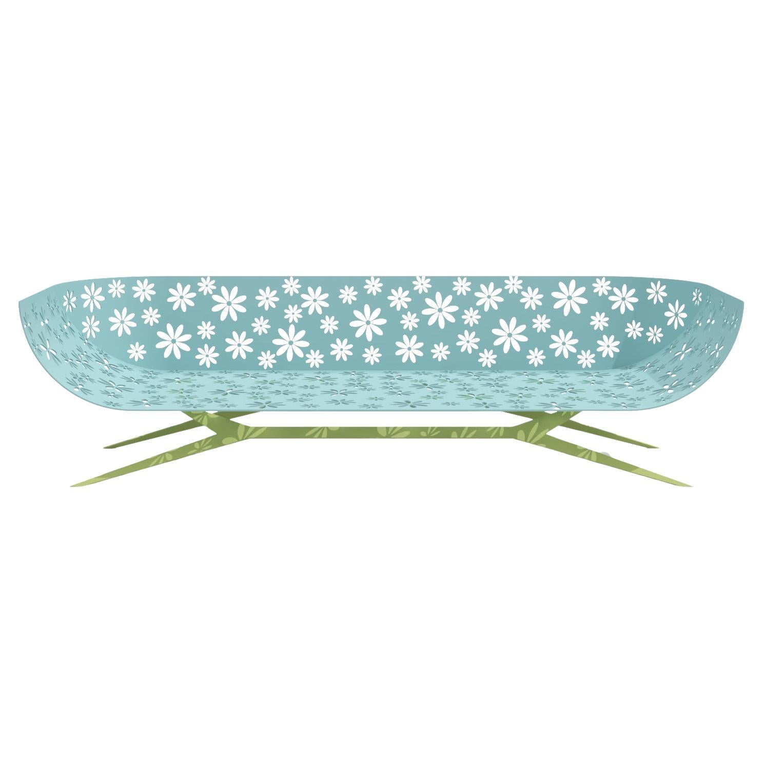 Modern Blue and Green Outdoor Three-Seater Sofa Curved Back with Floral Design