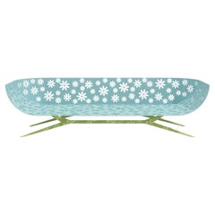 Modern Blue and Green Outdoor Three-Seater Sofa Curved Back with Floral Design