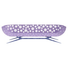 Modern Lavender & Blue Outdoor Three-Seater Sofa Curved Back with Floral Design