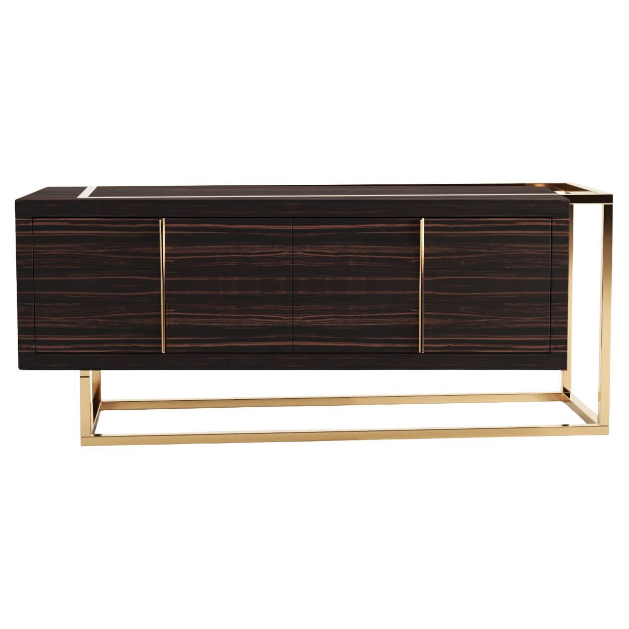 Crédence moderne et minimaliste en bois d'ébène de Macassar et laiton brossé