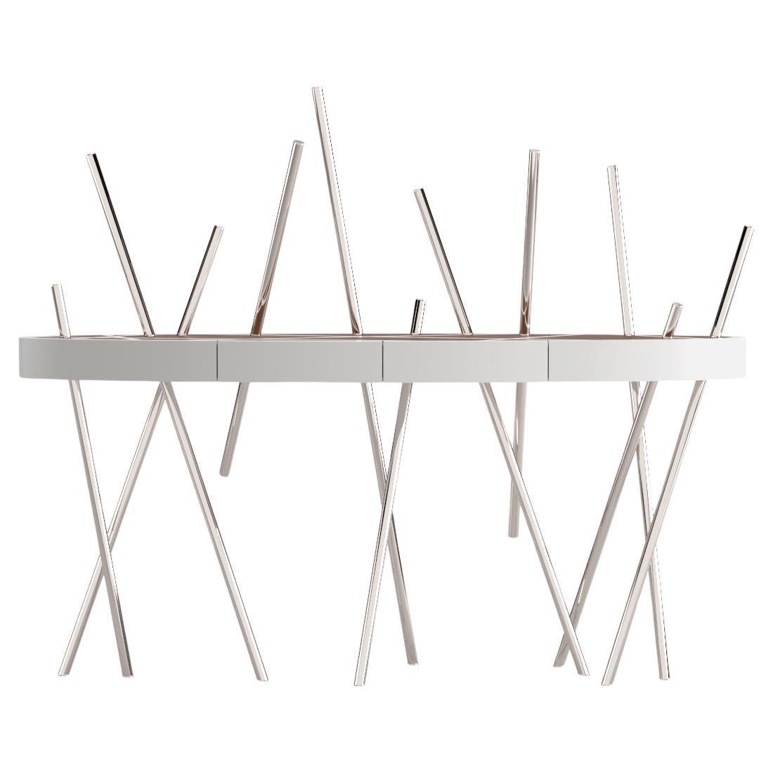 Mesa consola de centro moderna Madera de nogal Laca blanca Acero inoxidable cepillado