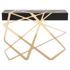 Organic Modern Accent Console Table in Black Lacquer and Brushed Brass