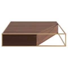 Modern Minimalist Square Center Coffee Table in Walnut Wood and Brushed Brass