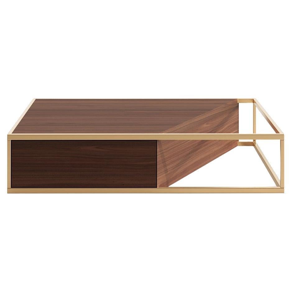 Modern Minimalist Rectangular Center Coffee Table Walnut Wood and Brushed Brass