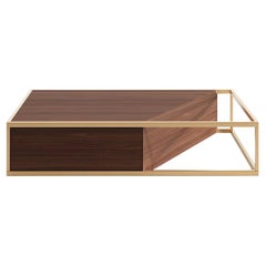 Modern Minimalist Rectangular Center Coffee Table Walnut Wood and Brushed Brass