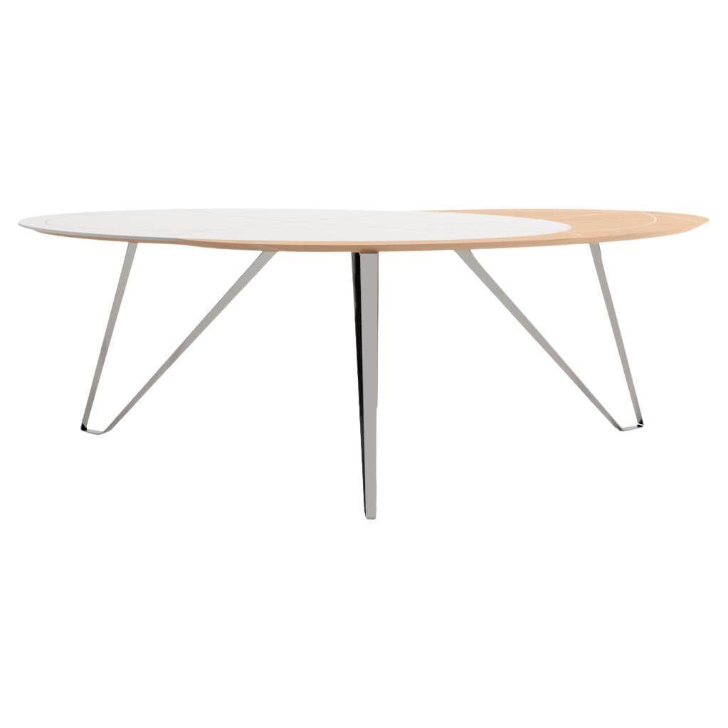 Modern Curved Home Office Writing Desk Oak Wood White Lacquer Stainless Steel