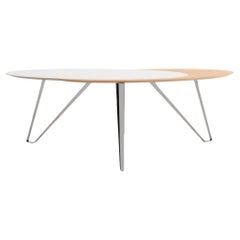 Modern Curved Home Office Writing Desk Oak Wood White Lacquer Stainless Steel