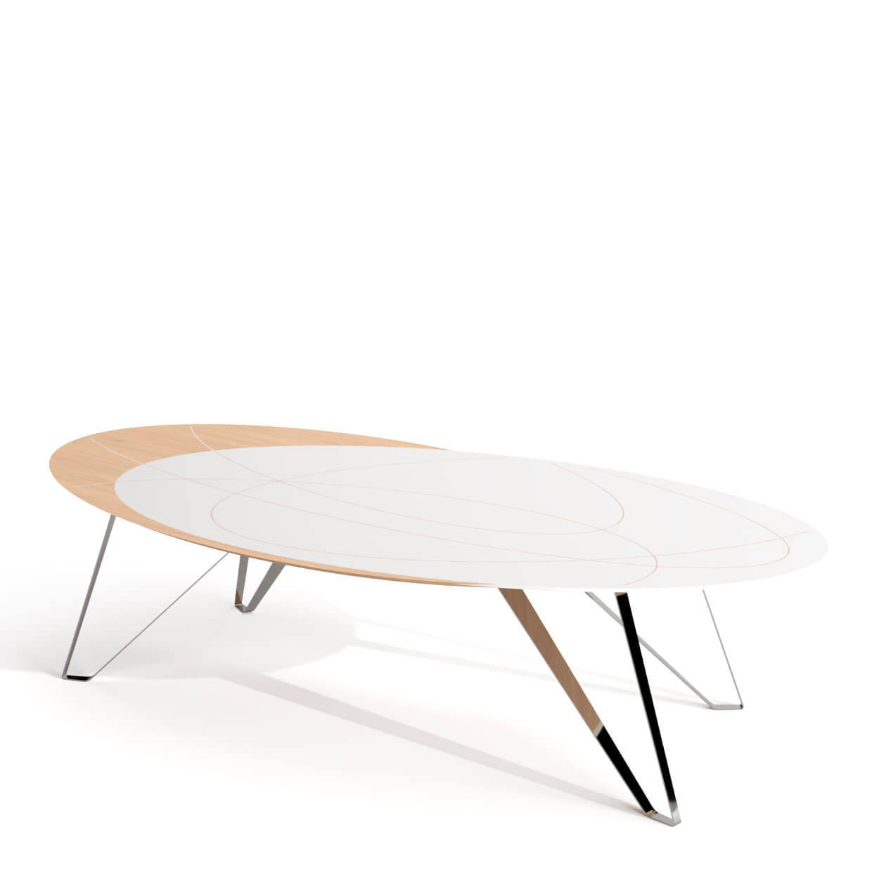 Table de salle à manger moderne de forme ovale en bois de chêne laqué blanc et acier inoxydable poli en vente