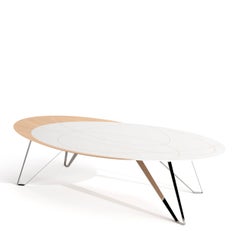 Modern Oval-Shaped Dining Table Oak Wood White Lacquer Polished Stainless Steel