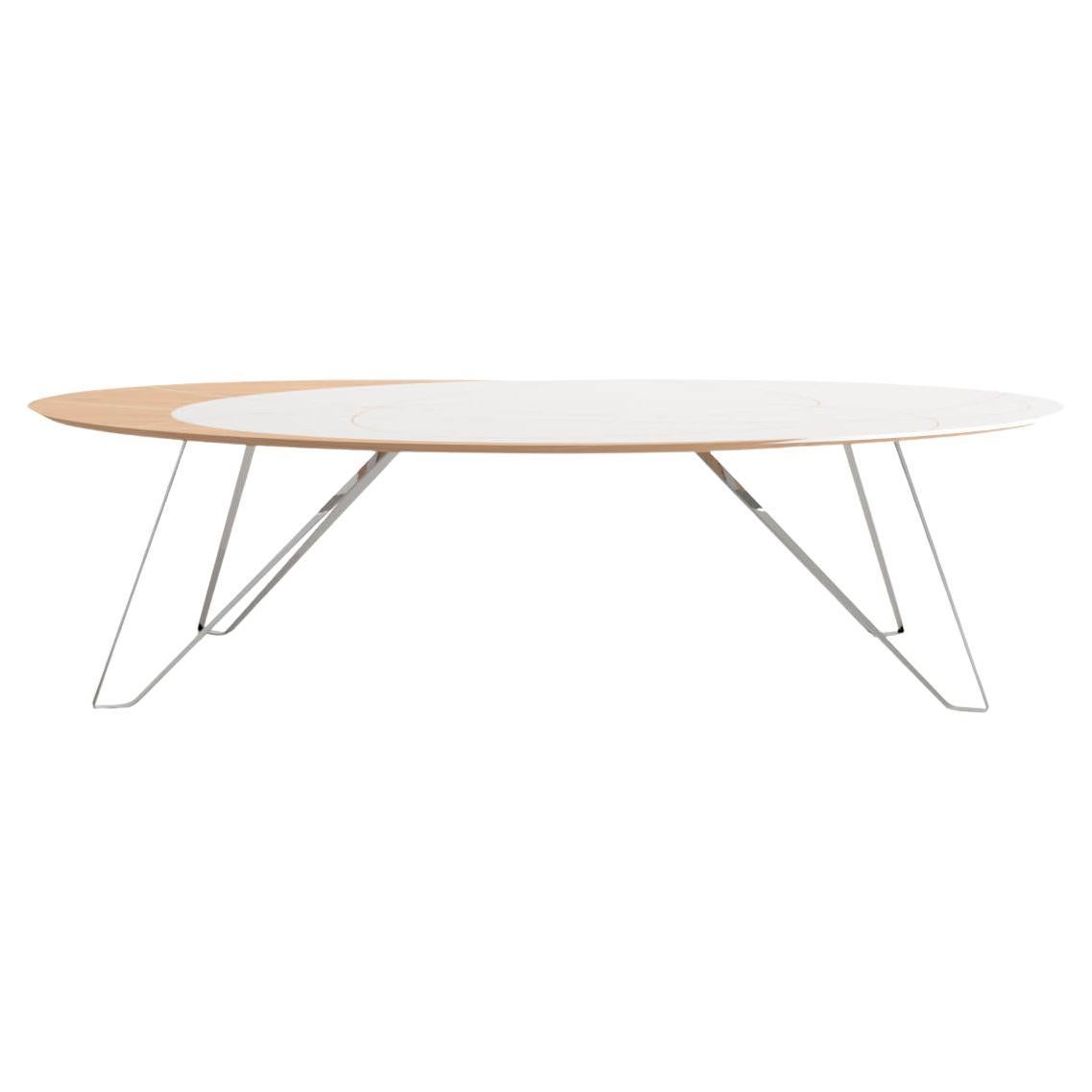 Table de salle à manger moderne de forme ovale en bois de chêne laqué blanc et acier inoxydable poli en vente