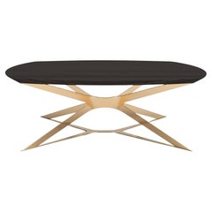 Modern Square Center Coffee Table High-Gloss Black Oak Wood Gold Lacquered Steel