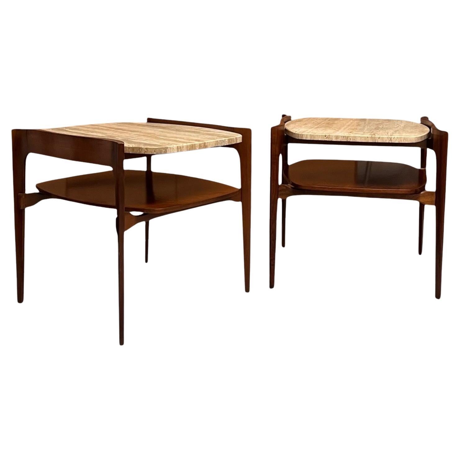 Vintage Mid Century Solid Walnut Travertine End Table By Bertha Schaefer