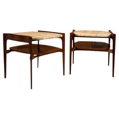 Vintage Mid Century Solid Walnut Travertine End Table Di Bertha Schaefer
