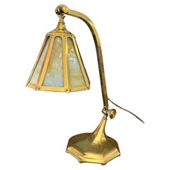 Antique Arts and Crafts Brass and Slag Stained Glass Lamp c.1910 by Salo Metal