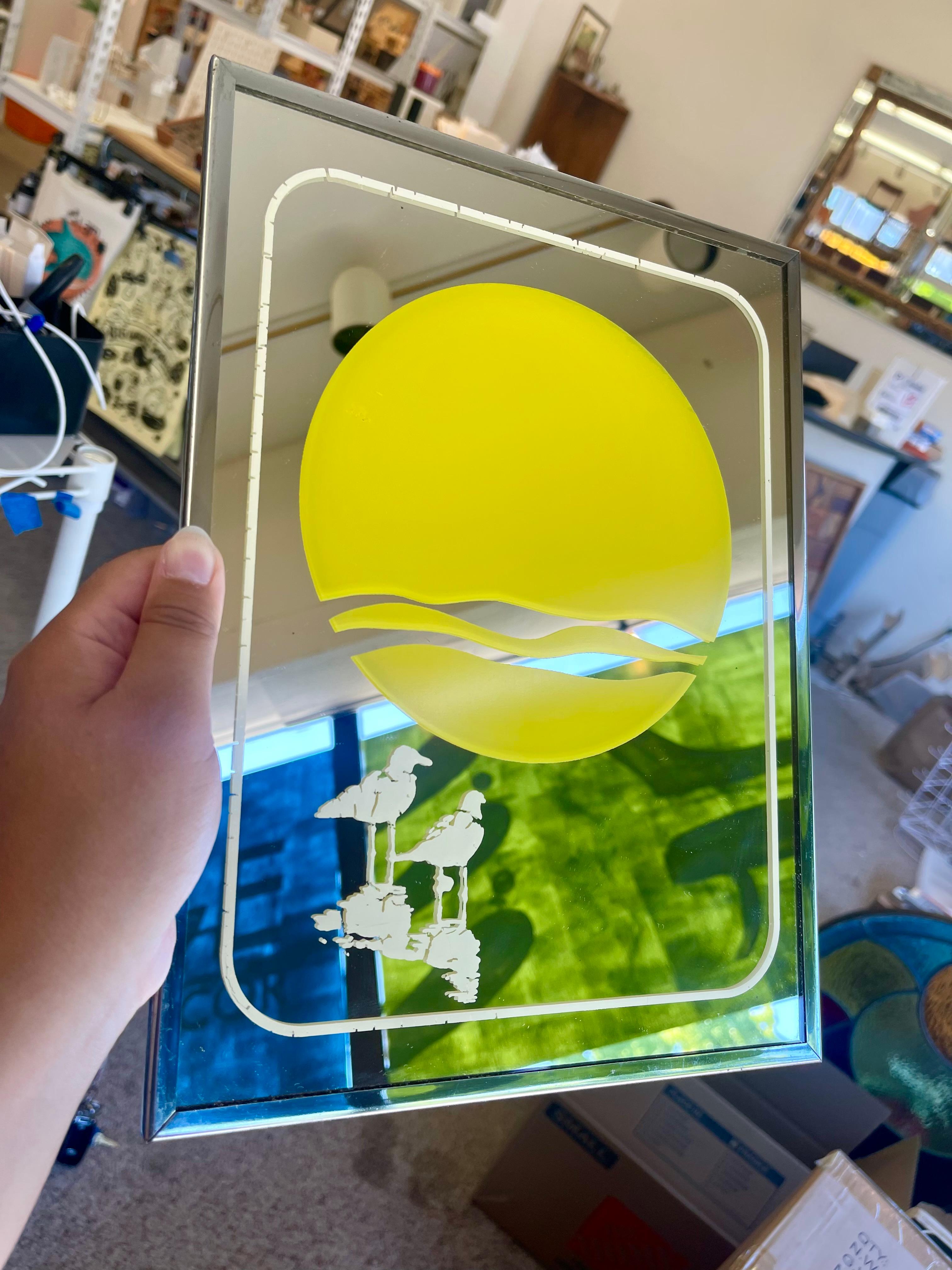Mid-Century Modern 1970s Brytone Sunset and Seagulls Mirror by Mechanical Mirror Works, Inc. For Sale