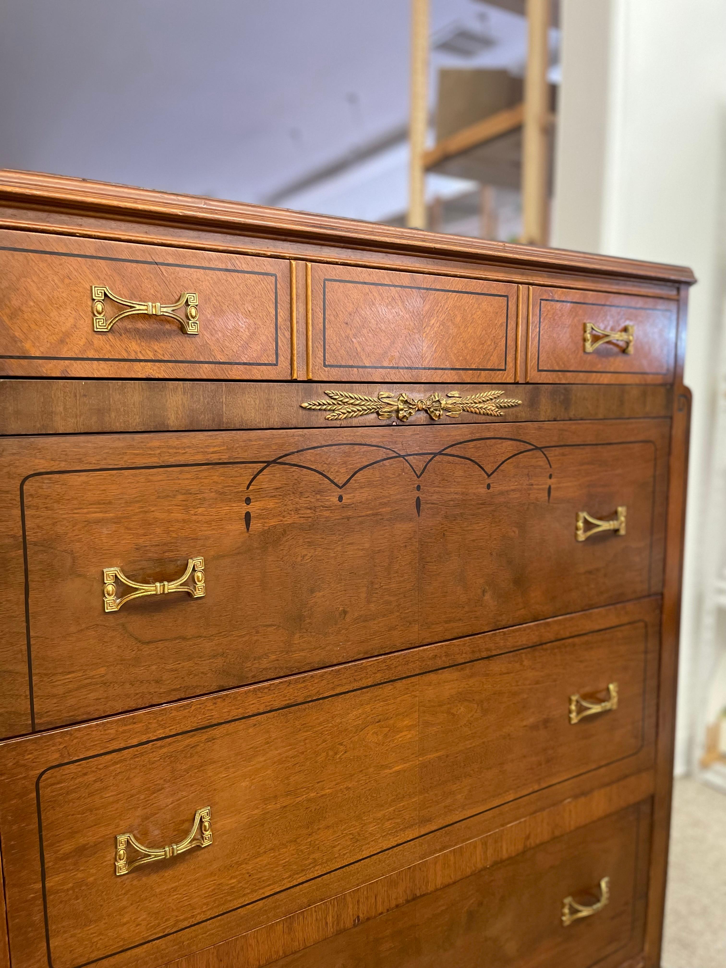 Mid-20th Century Early 20th Century Neoclassical Style Inlaid Mahogany Tall Chest with Brass Pull For Sale