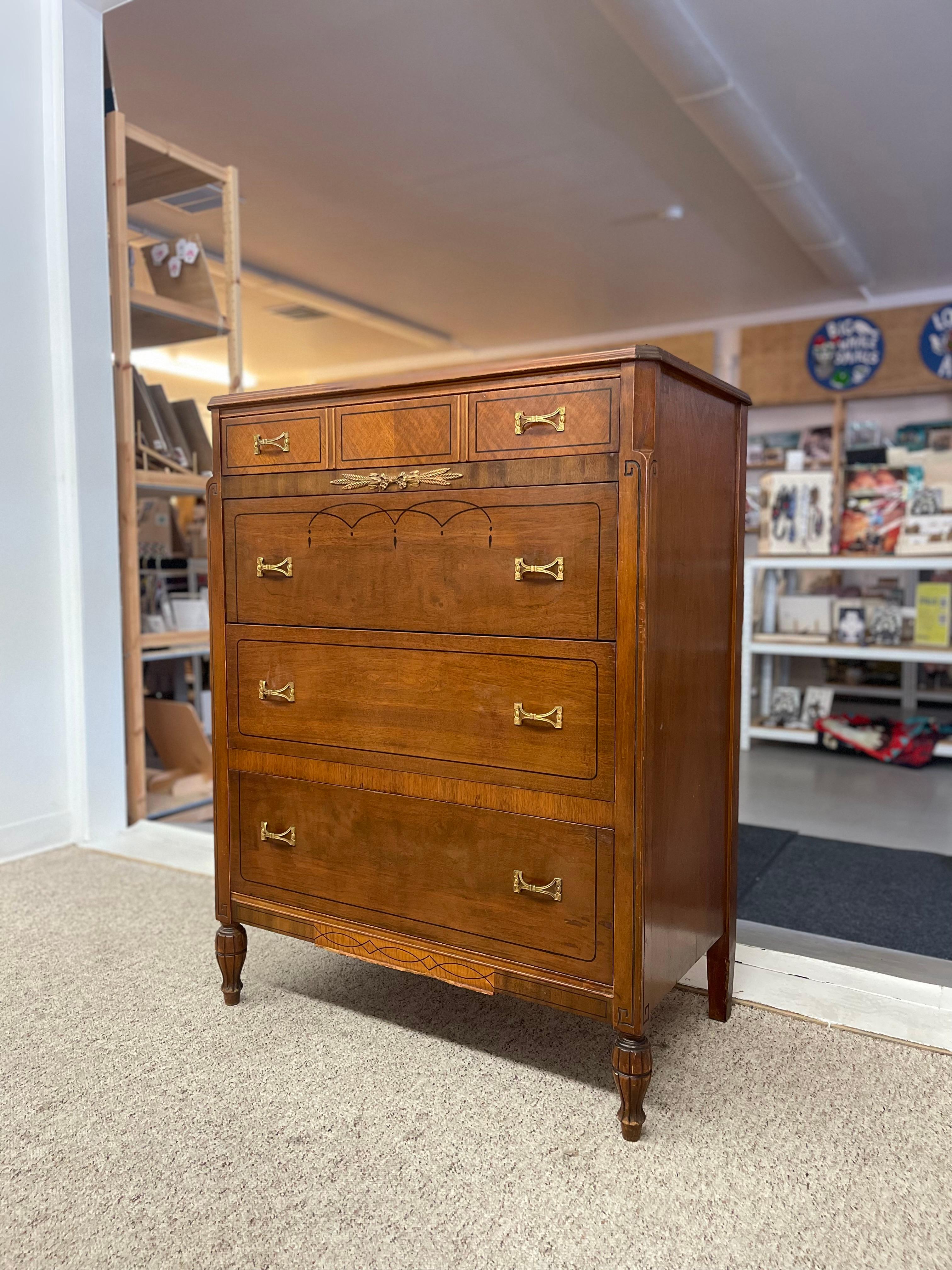 Early 20th Century Neoclassical Style Inlaid Mahogany Tall Chest with Brass Pull In Good Condition For Sale In Seattle, WA
