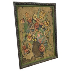 Peinture vintage signée représentant une nature morte florale, réalisée en techniques mixtes sur un panneau texturé.