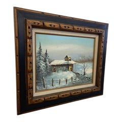 Vintage Signed Winter Landscape Oil Painting on Canvas in Hand-Carved Wood Frame