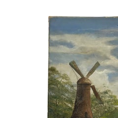 Peinture à l'huile sur toile représentant un paysage vintage avec un moulin à vent, scène champêtre signée.