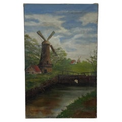 Peinture à l'huile sur toile représentant un paysage vintage avec un moulin à vent, scène champêtre signée.