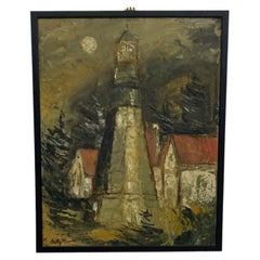 Tableau vintage signé représentant un phare et un paysage, réalisé par Betty, scène côtière, encadré.