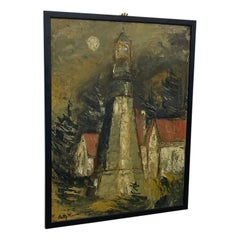 Tableau vintage signé représentant un phare et un paysage, réalisé par Betty, scène côtière, encadré.