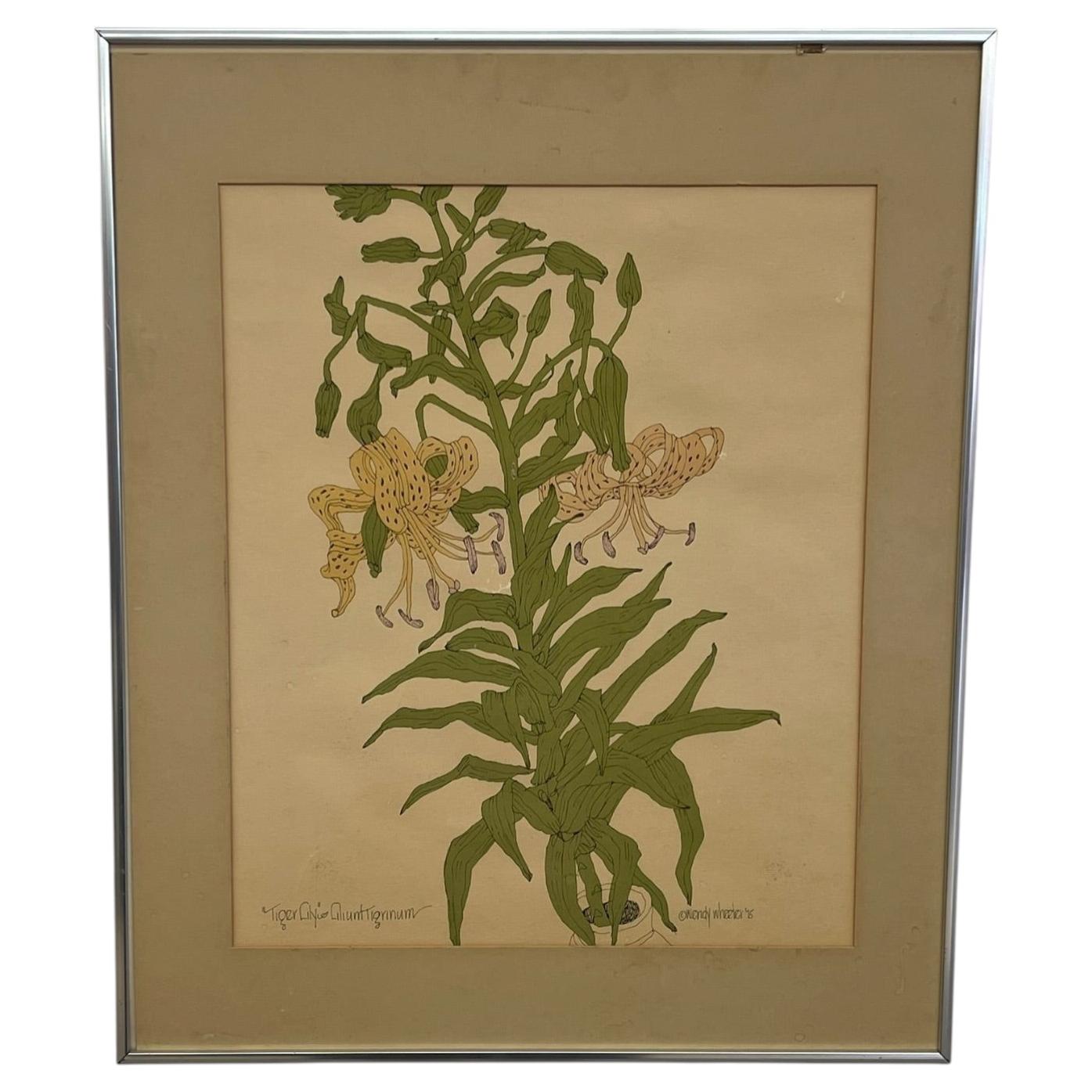 Illustration botanique vintage représentant un lys tigre, réalisée par Wendy Wheeler, signée et encadrée.