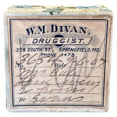 Scatola da farmacia d'epoca del 1907 di W.M. Divan, farmacista - Springfield, Missouri..